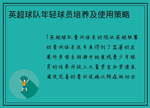 英超球队年轻球员培养及使用策略