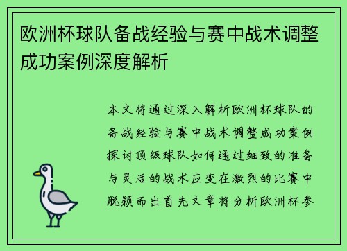 欧洲杯球队备战经验与赛中战术调整成功案例深度解析